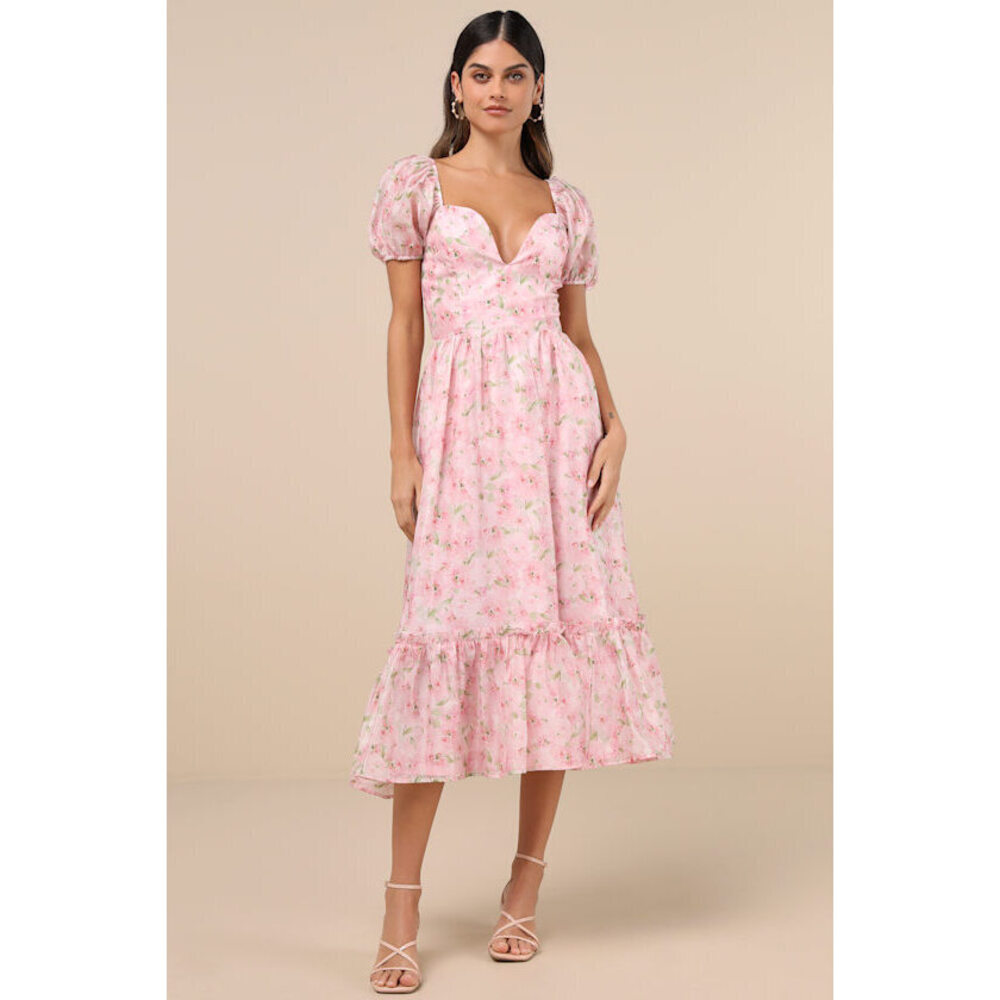 Lulus Sincerely Wondrous Pink Floral Puff Sleeve Tiered Midi Dress - Size XL